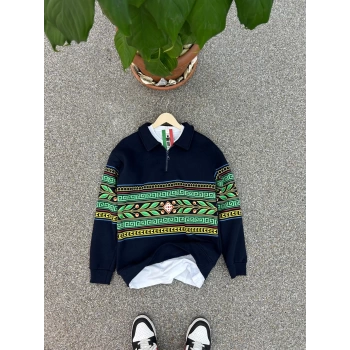 ETNİK DESEN PAMUK KUMAŞ FERMUARLI LACİVERT SWEAT