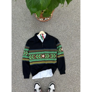ETNİK DESEN PAMUK KUMAŞ FERMUARLI SİYAH SWEAT