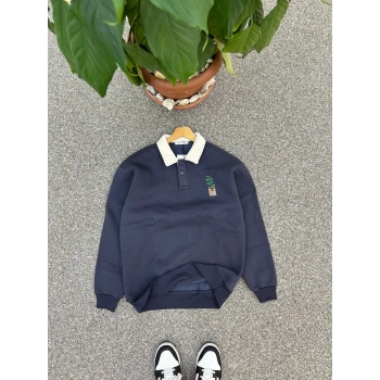 POLO YAKA NAKIŞ BASKILI OVERSİZE FÜME SWEAT