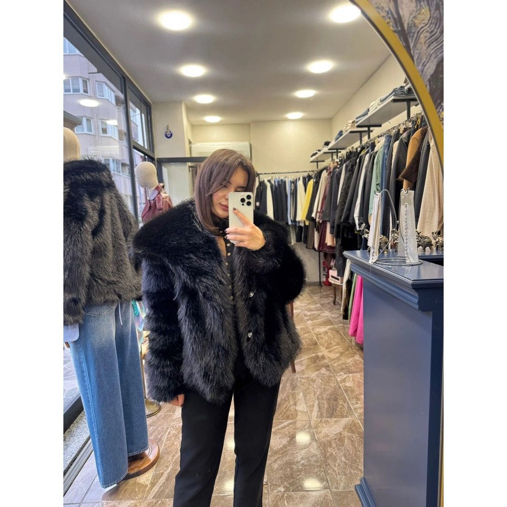 Peluş Yaka Kürk - Siyah