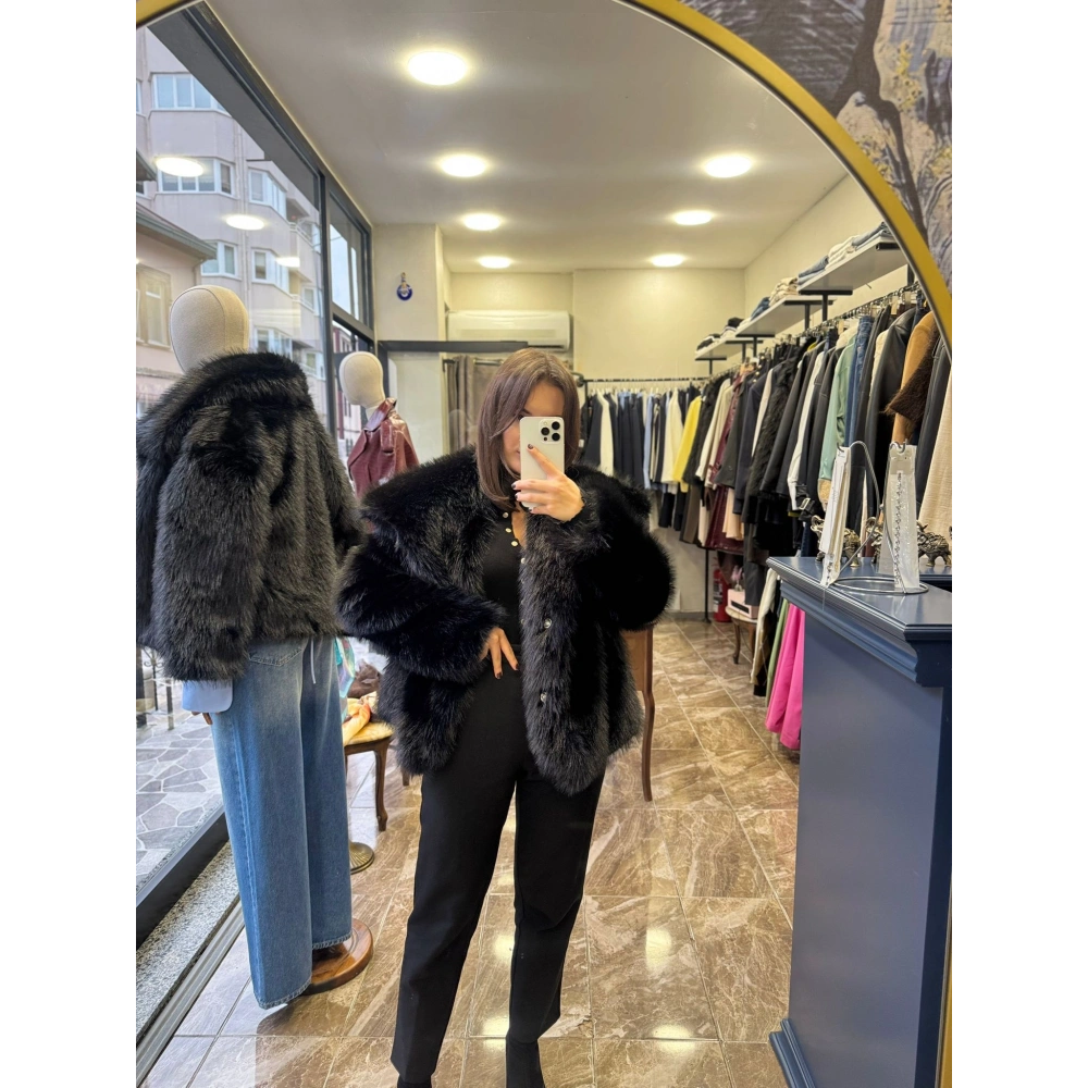 Peluş Yaka Kürk - Siyah