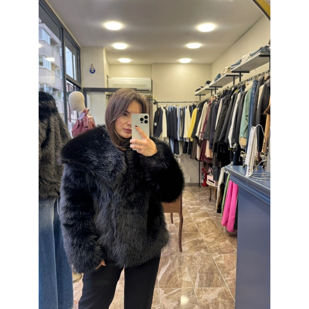 Peluş Yaka Kürk - Siyah