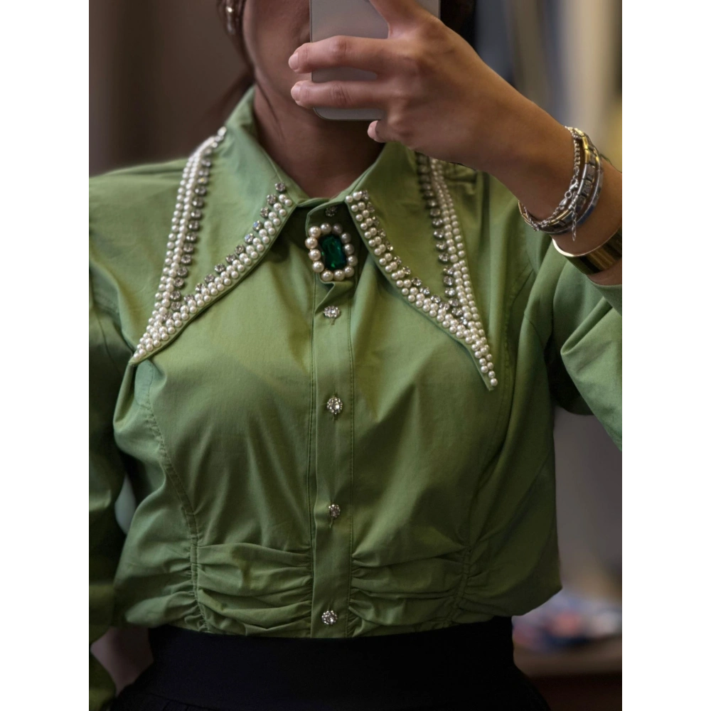 Özel Tasarım Taşlı Kadın Gömlek - Yeşil