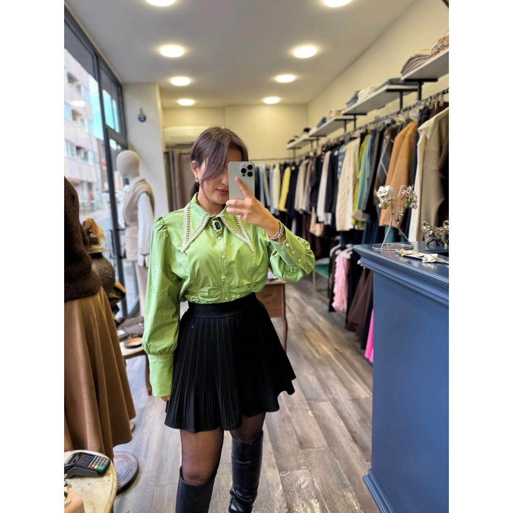 Özel Tasarım Taşlı Kadın Gömlek - Yeşil