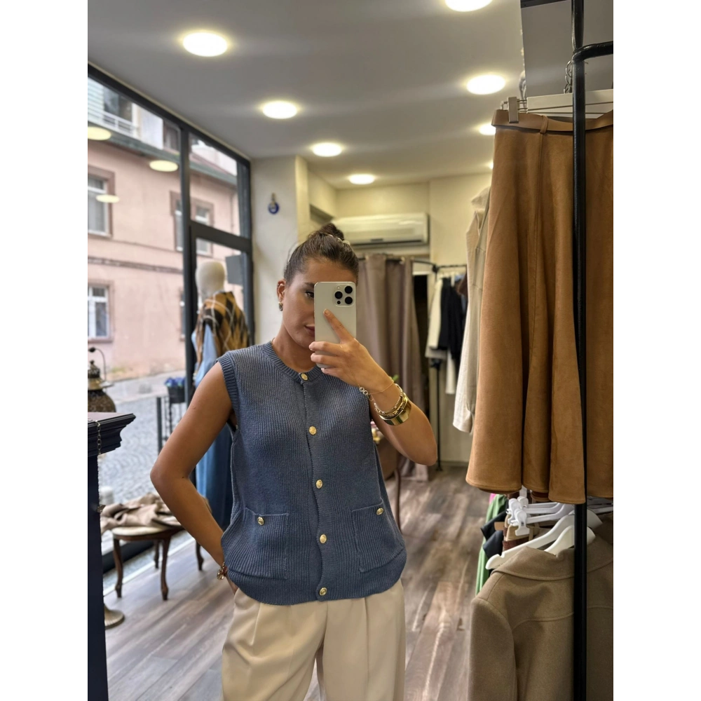 Gold Düğme Detay Cepli İndigo Yelek - Antrasit