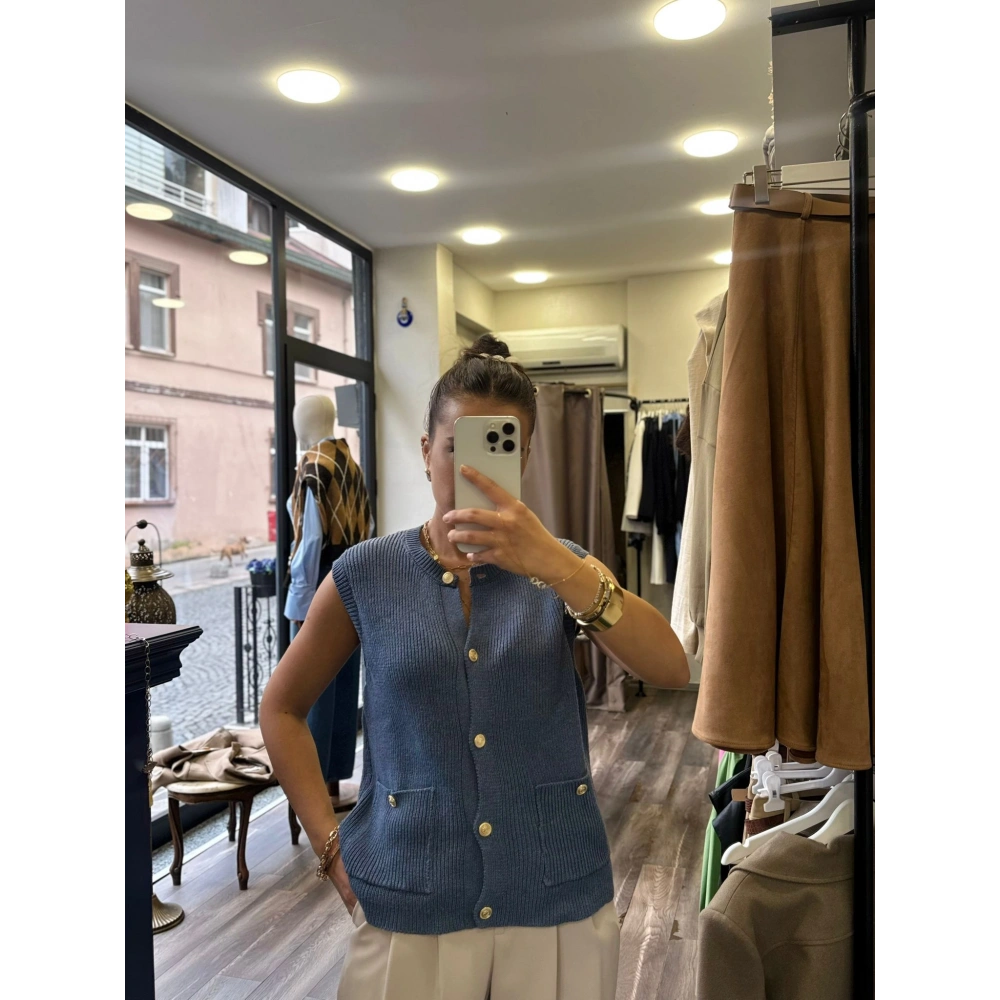 Gold Düğme Detay Cepli İndigo Yelek - Antrasit