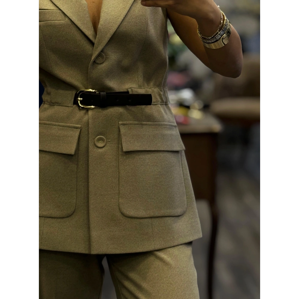 Beli Kemerli Pamuklu Yelek Pantolon Takım - Bej