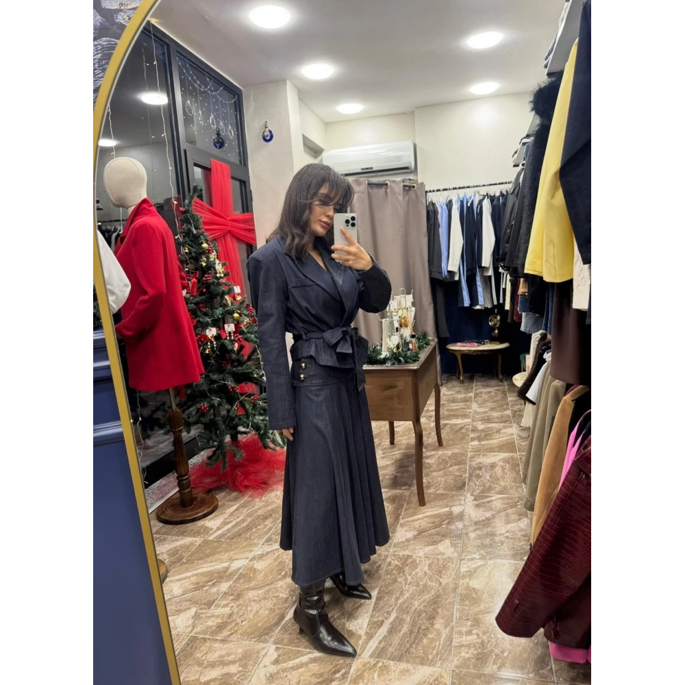 Gold Aksesuar Detay Fermuarlı Midi Kot Etek