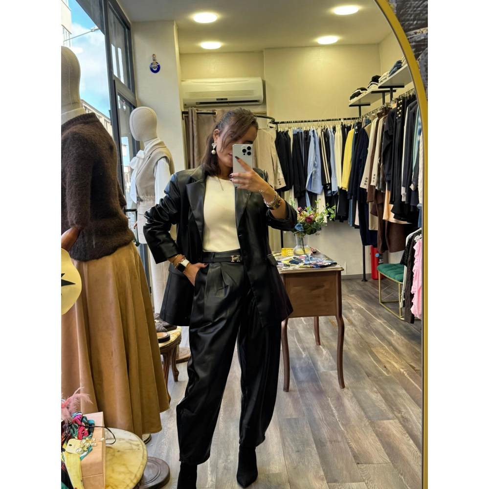 Deri Yüksek Bel Şalvar Pantolon - Siyah