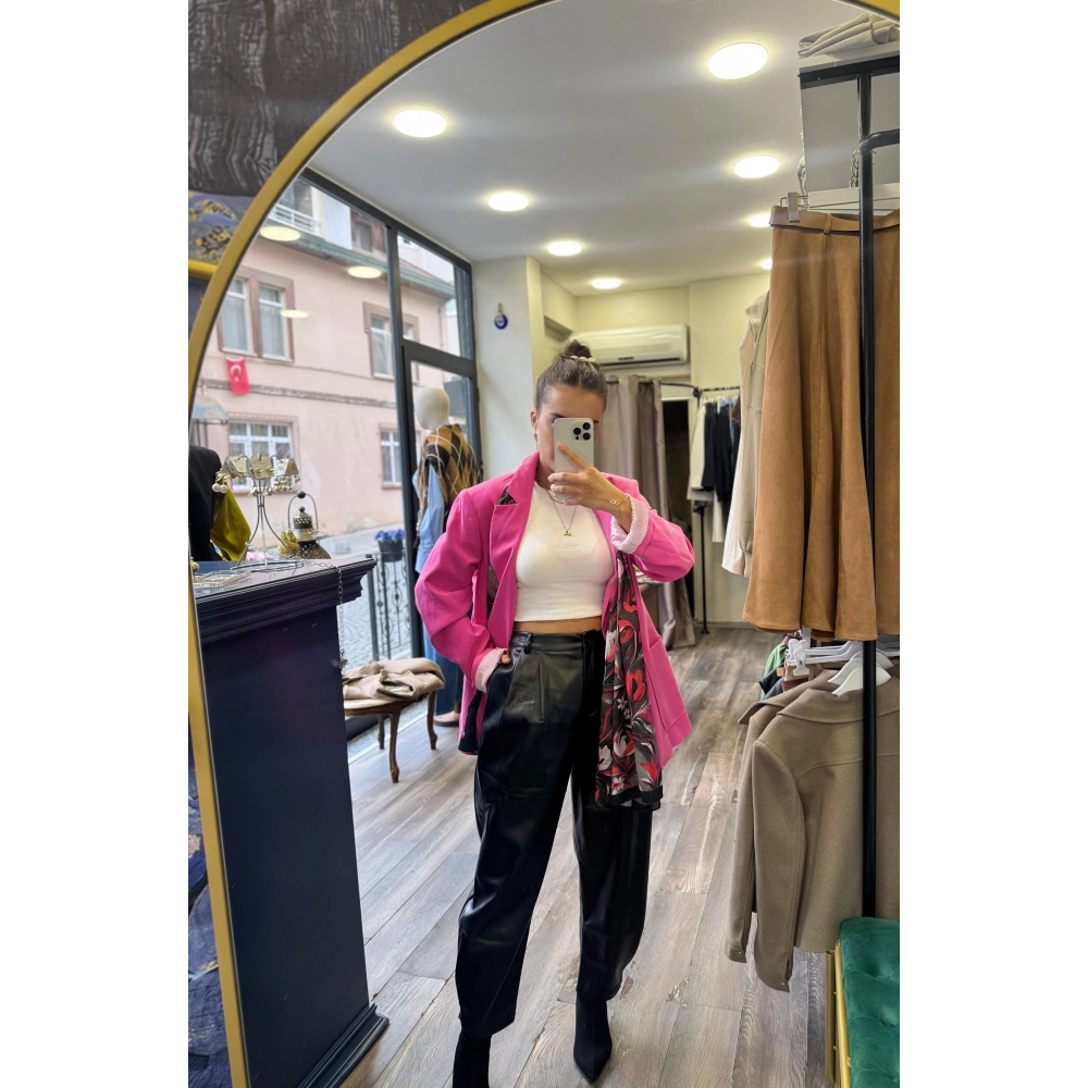 Deri Yüksek Bel Şalvar Pantolon - Siyah