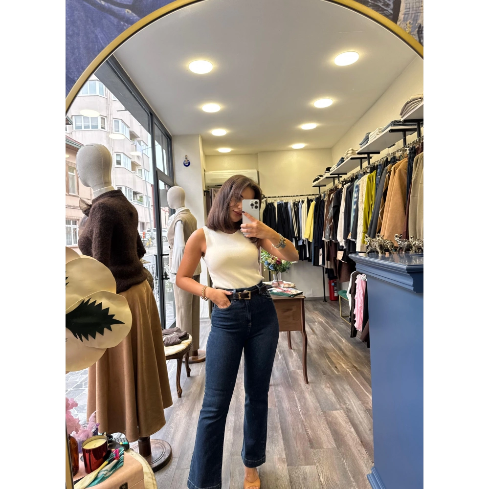 Pamuklu Kısa Kol Triko Bluz - Krem