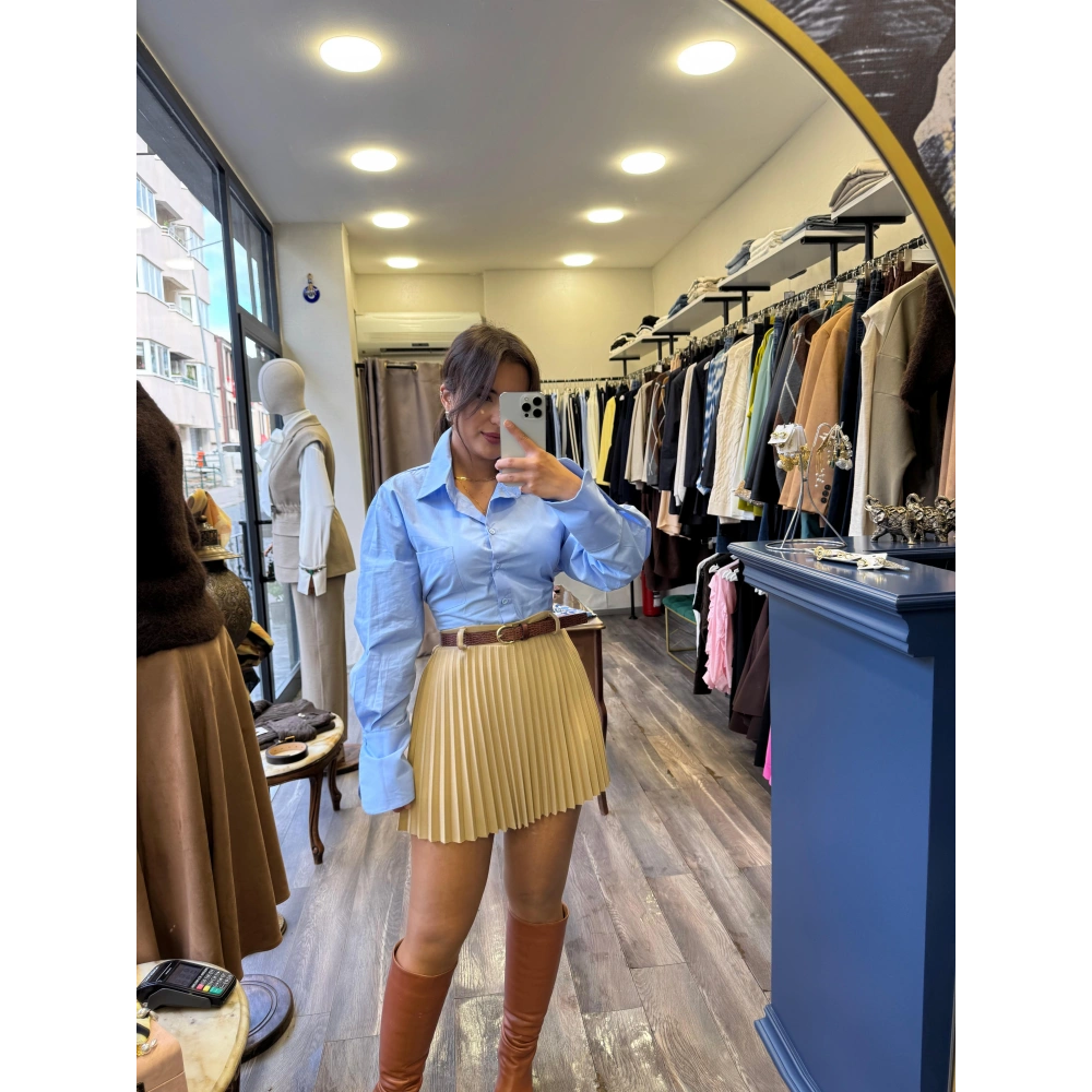 Kemerli İçi Şortlu Mini Etek - Bej