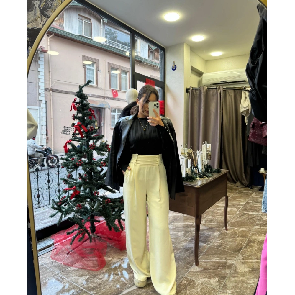 Örme Kumaş Beli Kuşaklı Bol Pantolon - Vanilya