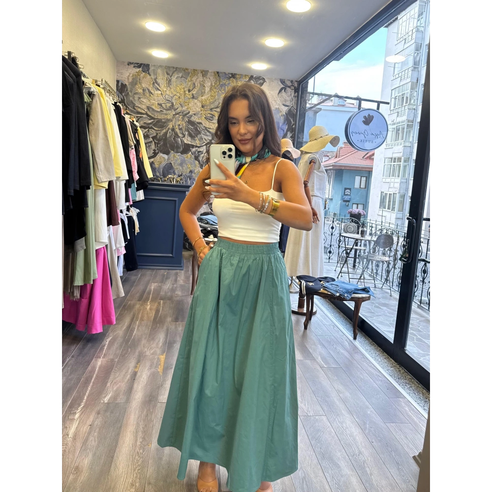 Beli Lastikli Cepli Pamuklu Kumaş Etek - Mint Yeşil