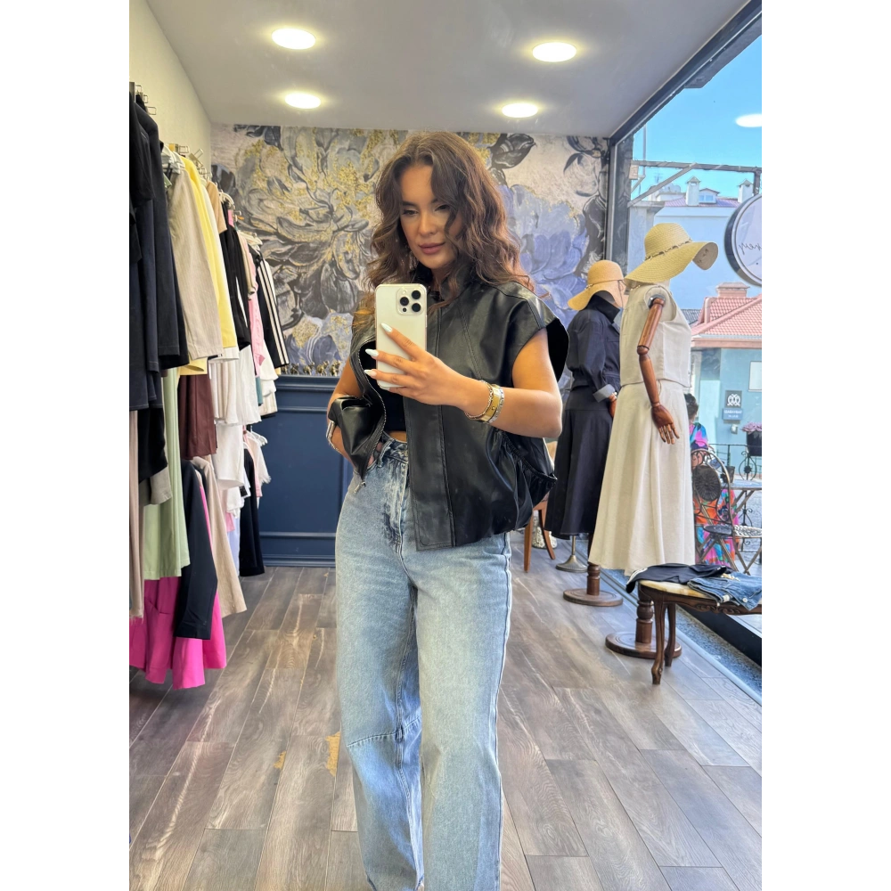 Fermuarlı Deri Yelek - Siyah