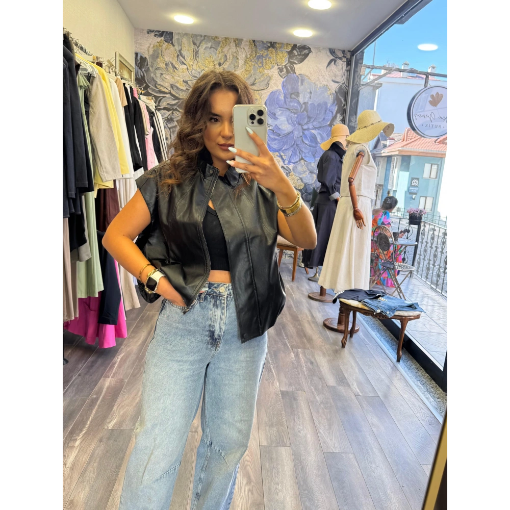 Fermuarlı Deri Yelek - Siyah