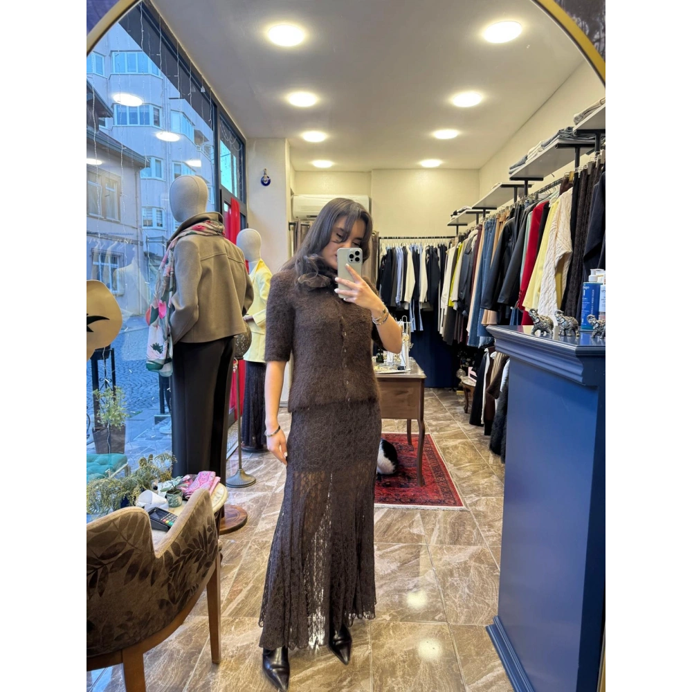 İçi Astarlı Beli Lastikli Dantel Etek - Kahverengi