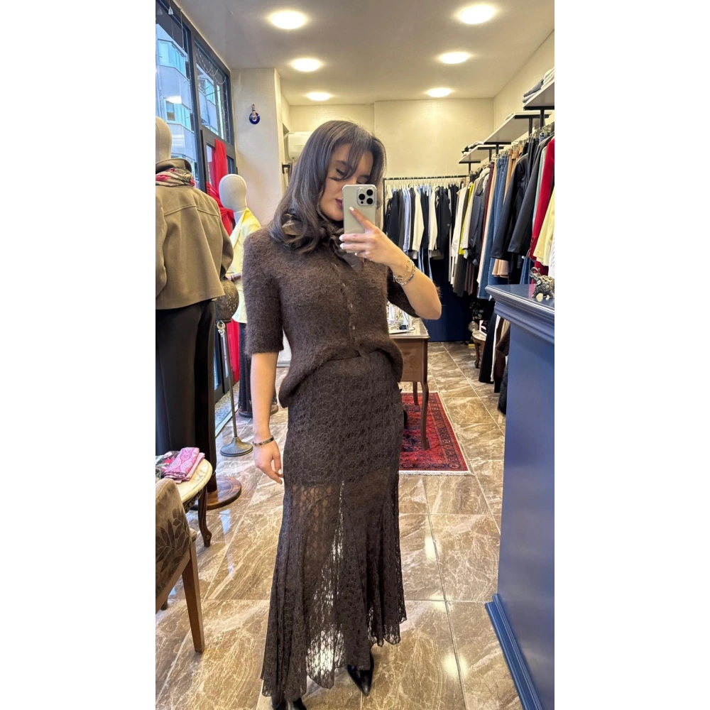 İçi Astarlı Beli Lastikli Dantel Etek - Kahverengi