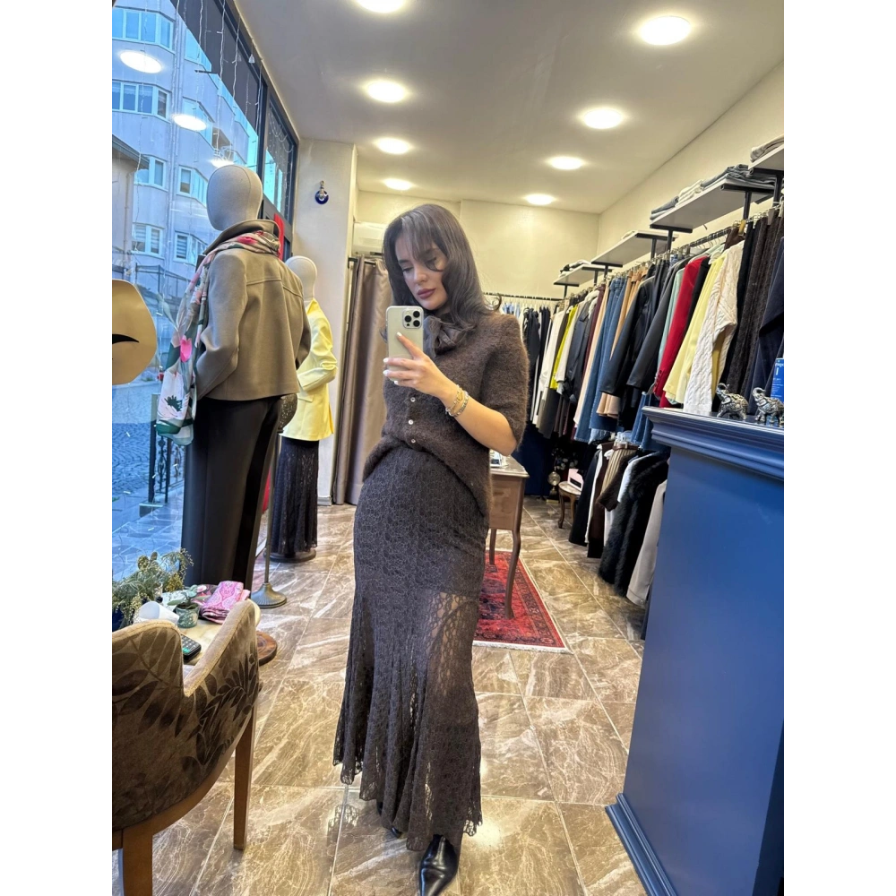 İçi Astarlı Beli Lastikli Dantel Etek - Kahverengi