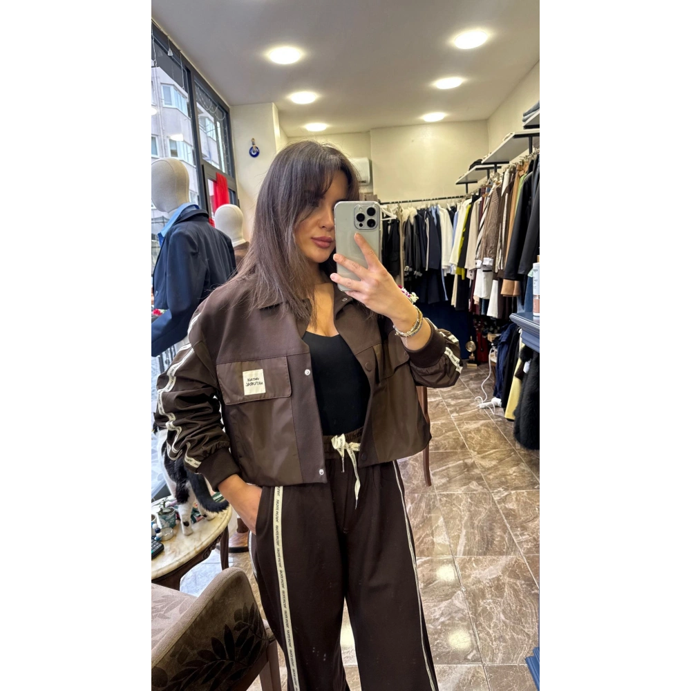 Paraşüt Kol Detay Garnili Ceket - Kahve