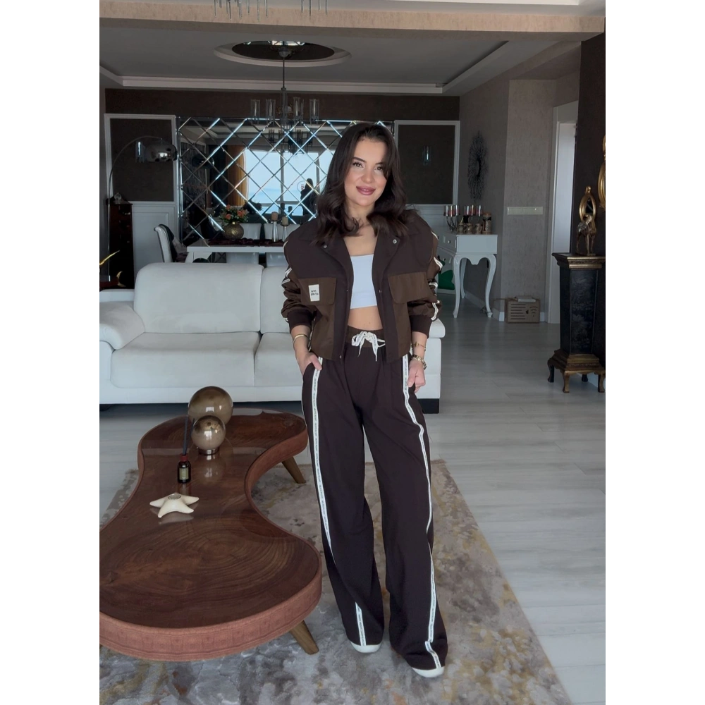 Beli Lastikli Bağlamalı Garnili Pantolon - Kahve