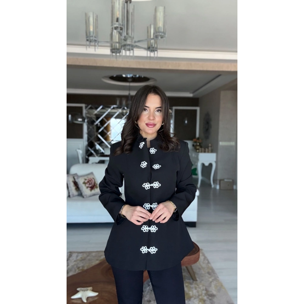 Flora Düğme Detaylı Napolyon Ceket - Siyah