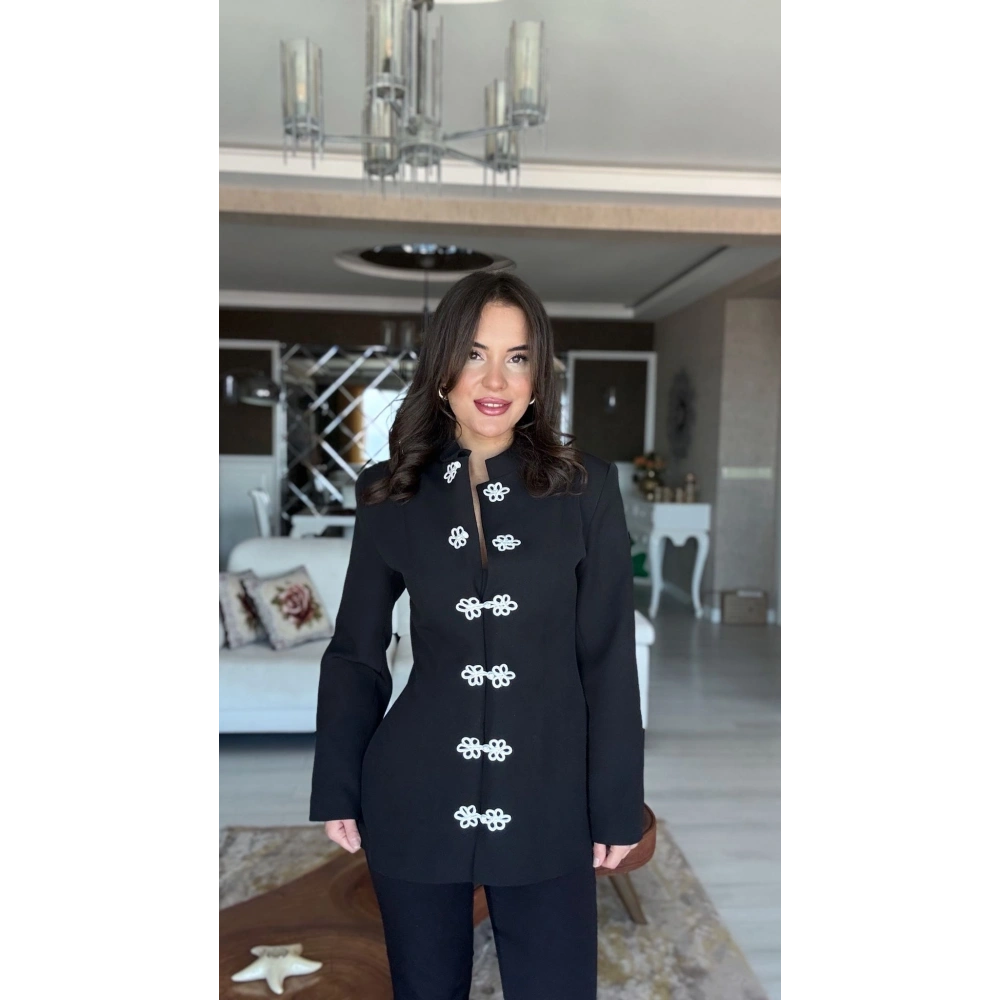 Flora Düğme Detaylı Napolyon Ceket - Siyah
