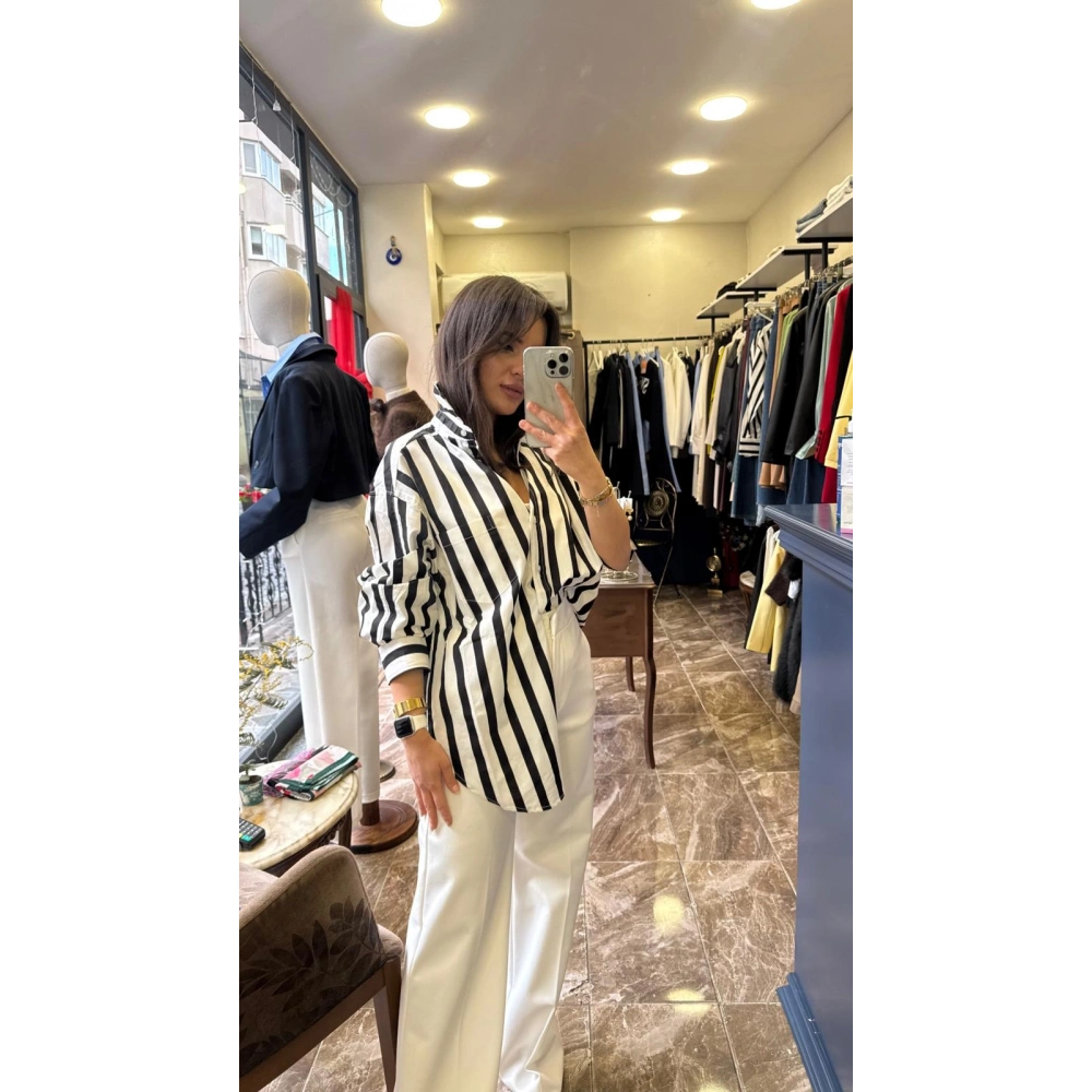 Oversize Çizgili Poplin Gömlek - Siyah Beyaz