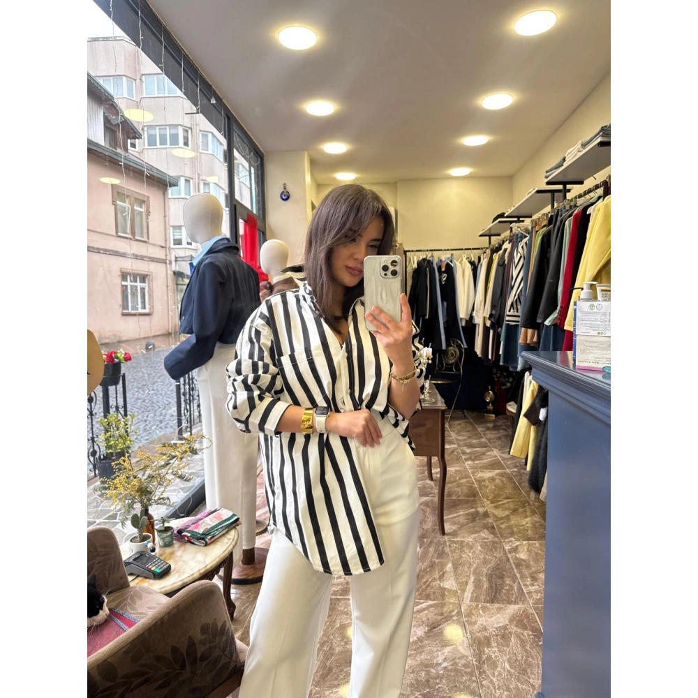 Oversize Çizgili Poplin Gömlek - Siyah Beyaz