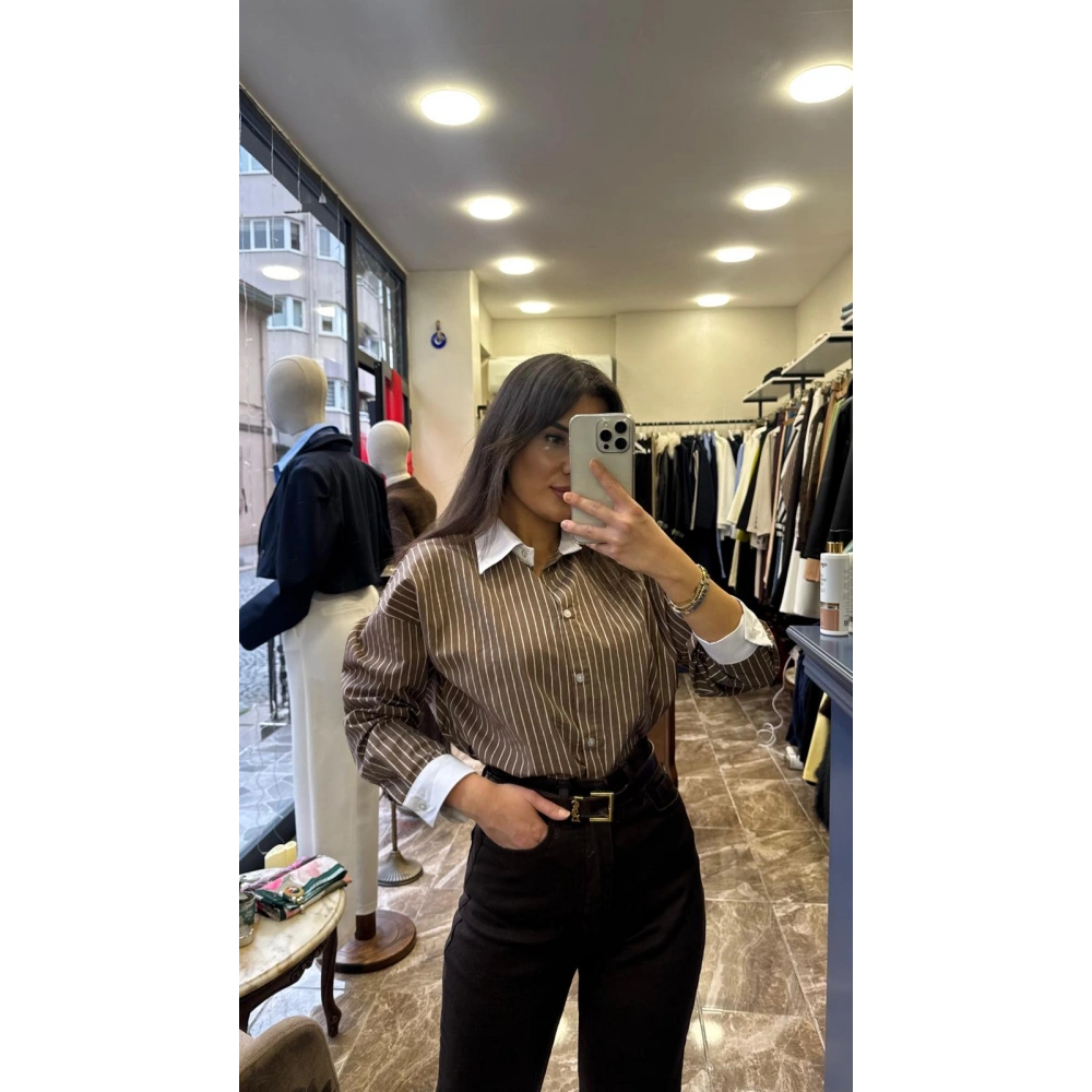 Çizgili Pamuklu Gömlek - Kahve