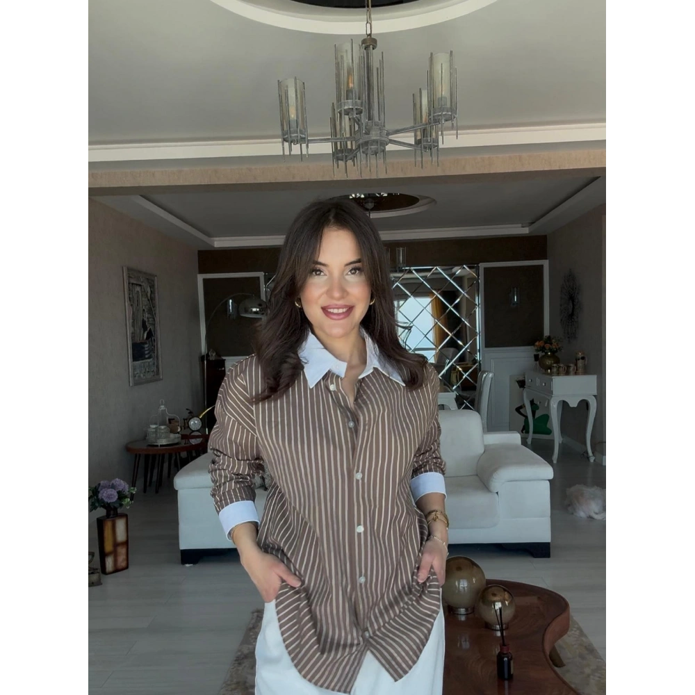 Çizgili Pamuklu Gömlek - Kahve