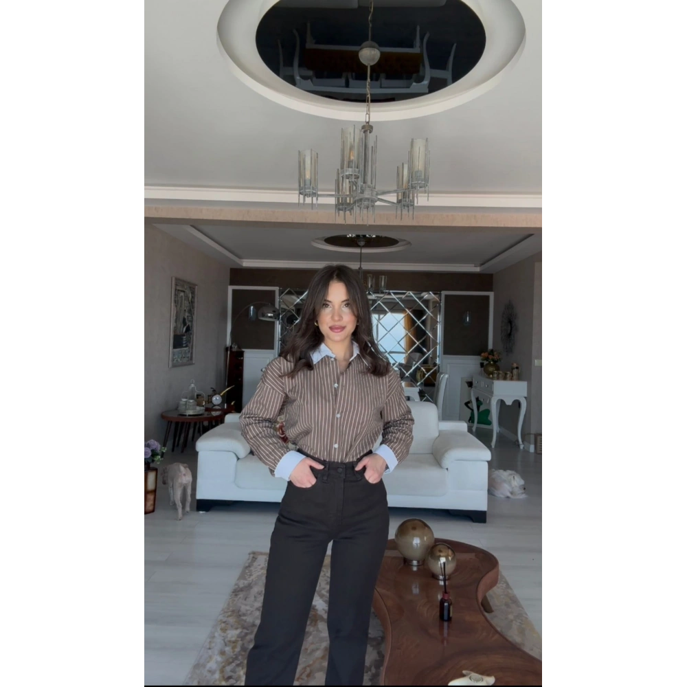 Likralı Yüksek Bel Boru Paça Pantolon - Kahve