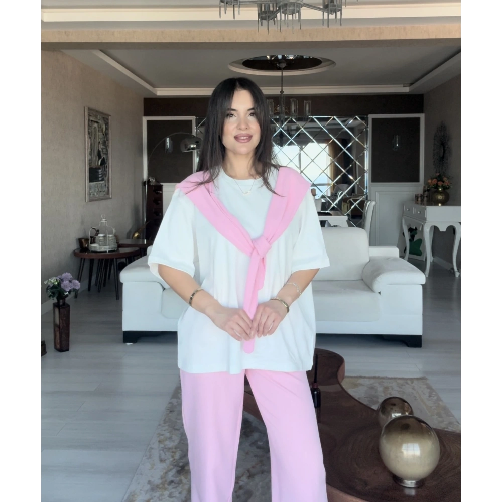 Yakası Şal Bağlama Tişört - Pembe