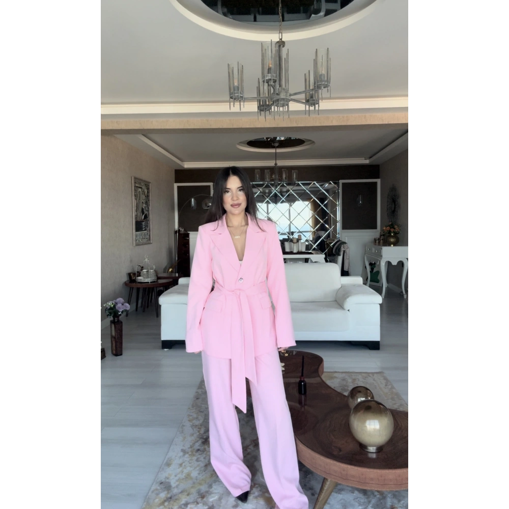 Beli Kuşaklı Ceket Pantolon Takım - Pembe