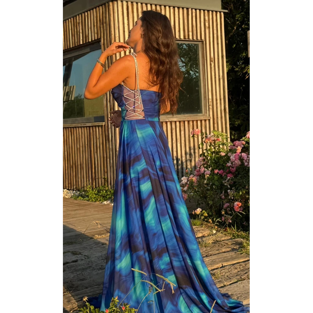 Taşlı Bel Transparan Uzun Astarlı Askılı Abiye - MAVİ