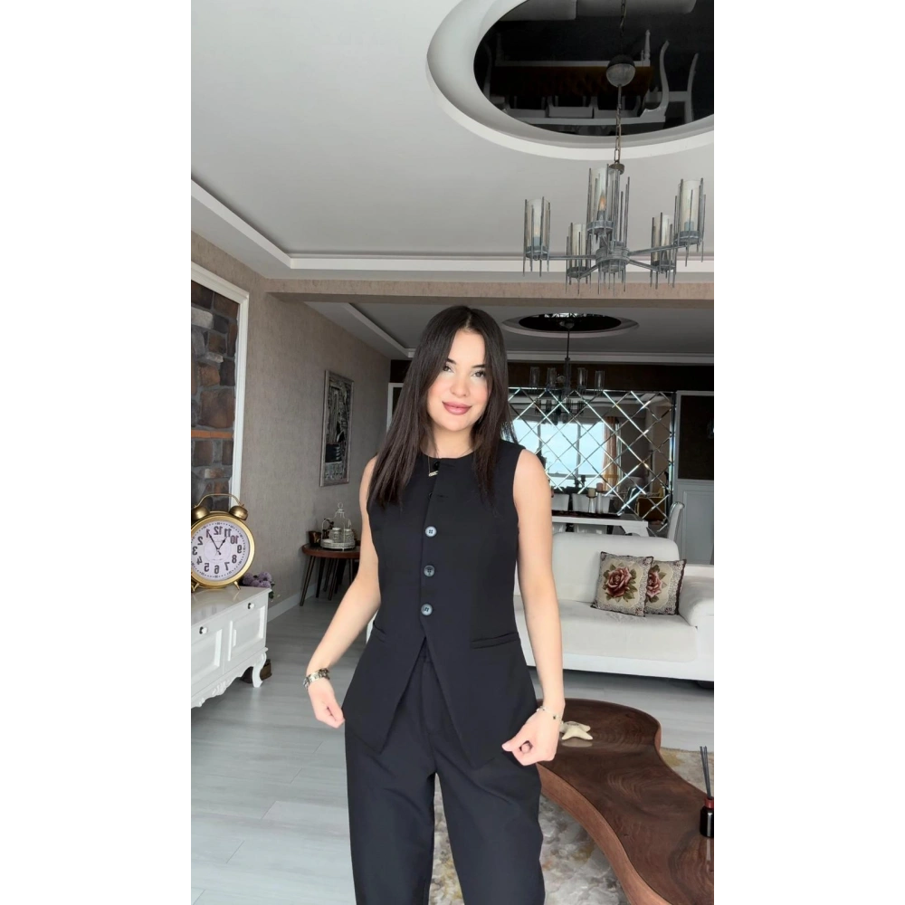 Astarlı Yelek Beli Lastikli Pantolon Alt Üst Takım - Siyah