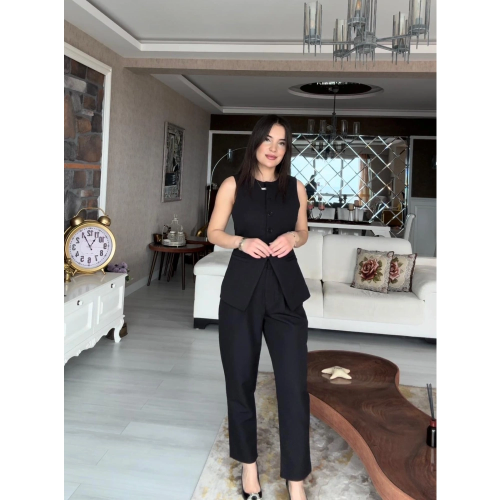 Astarlı Yelek Beli Lastikli Pantolon Alt Üst Takım - Siyah