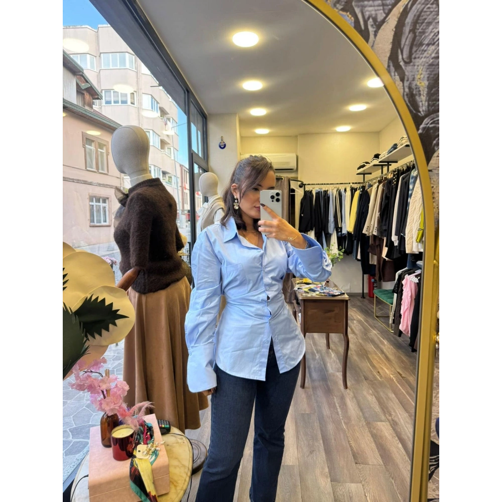 Bel Bağlama Detaylı Viskon Pamuk Kadın Gömlek - Açık Mavi