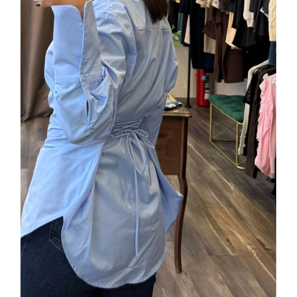 Bel Bağlama Detaylı Viskon Pamuk Kadın Gömlek - Açık Mavi