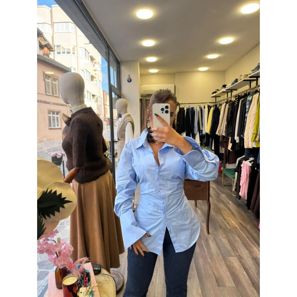 Bel Bağlama Detaylı Viskon Pamuk Kadın Gömlek - Açık Mavi