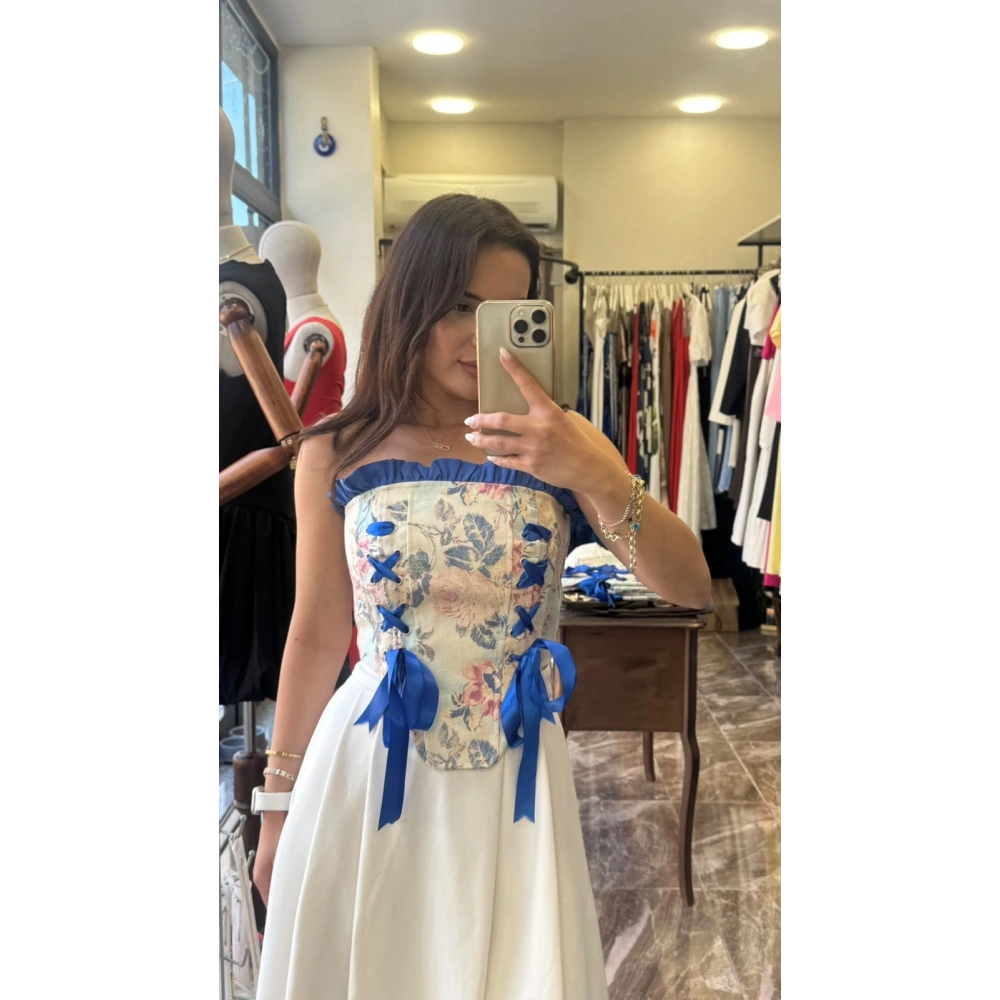 Çiçekli Fermuarlı Korse Büstiyer - Mavi