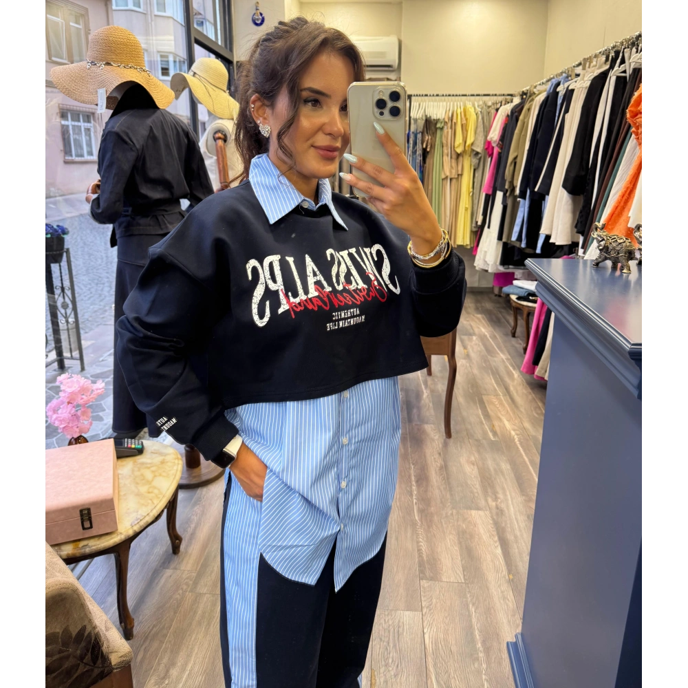 Çizgili Gömlek Garnili Yazı Baskılı Oversize Sweatshirt Mavi