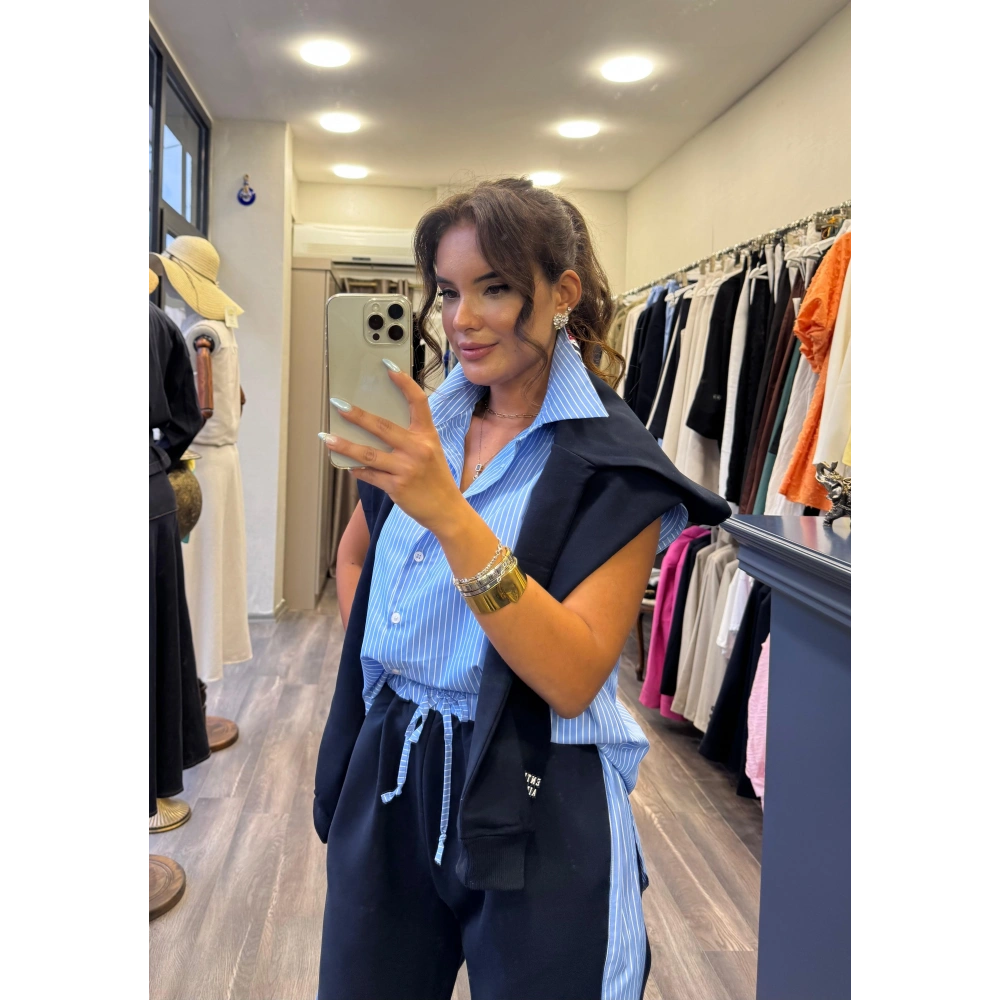 Çizgili Gömlek Garnili Yazı Baskılı Oversize Sweatshirt Mavi