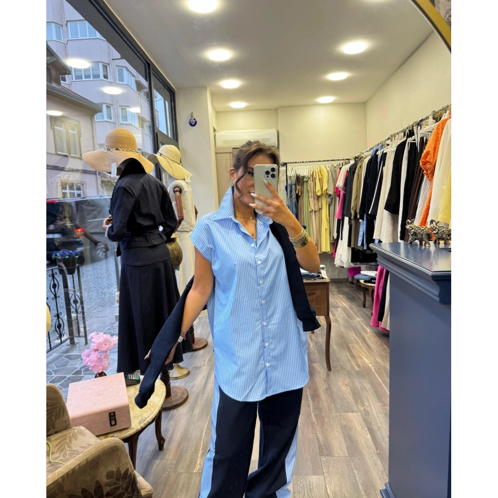 Çizgili Gömlek Garnili Yazı Baskılı Oversize Sweatshirt Mavi