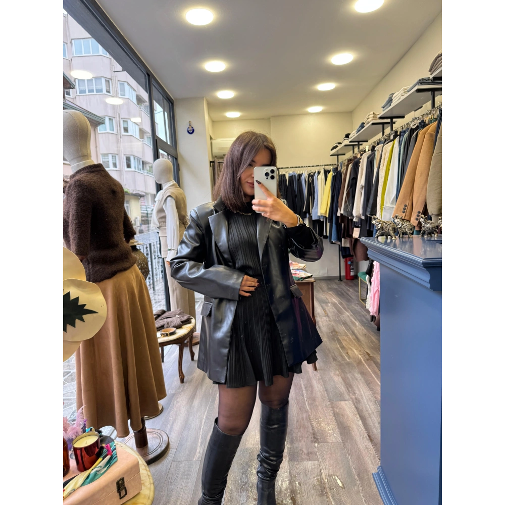 Deri Blazer Ceket - Siyah
