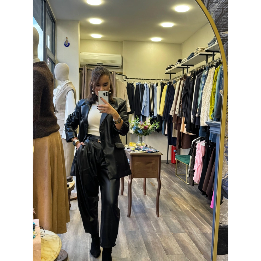 Deri Blazer Ceket - Siyah