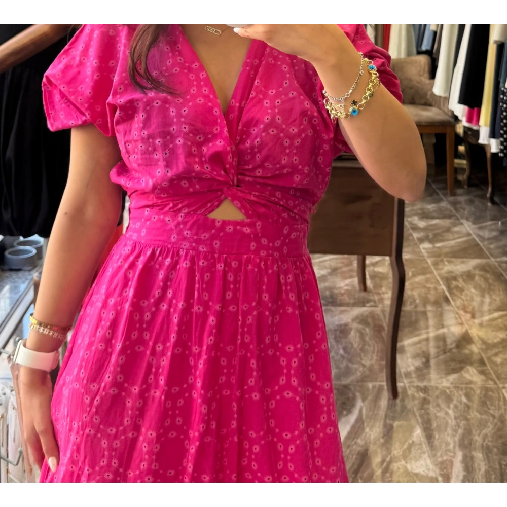 Fistolu Keten Elbise - Pembe