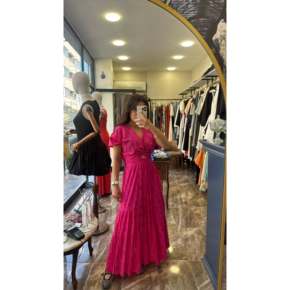 Fistolu Keten Elbise - Pembe