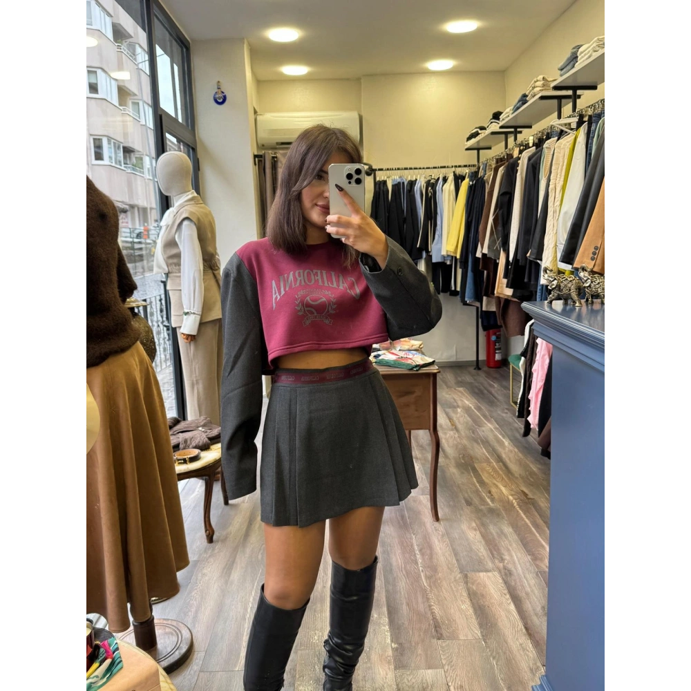 İki İplik Şardonsuz Baskılı Vatkalı Ceket Kol Sweatshirt - Bordo / Gri