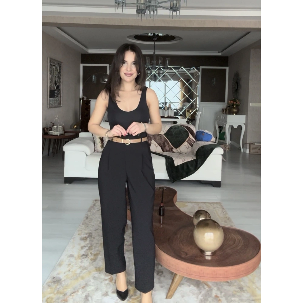 Kendinden Kemerli Pantolon -Siyah